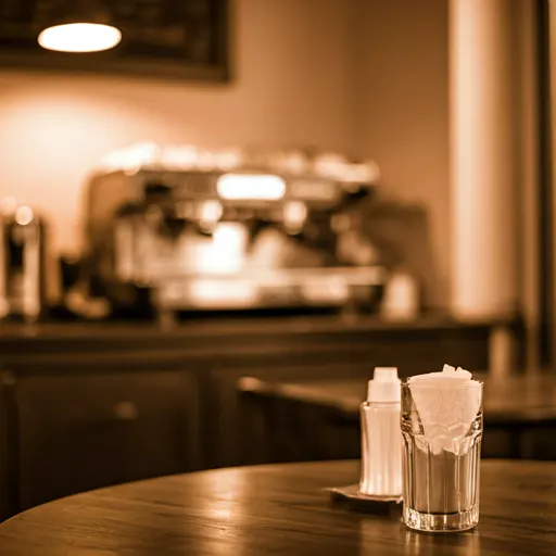 Interior cald în tonuri sepia al unei cafenele italiene rustice cu mese de lemn, iluminare ambientală moale și mașini de espresso vintage în fundal